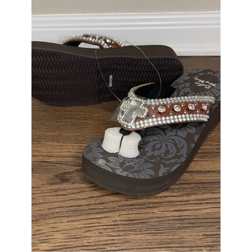 Rustic Bling Bling Wedge Flip Flops Brown Rhinestone Sandals XL- Brand New